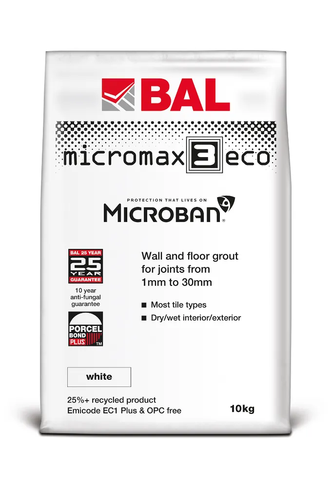 : BAL Micromax3 ECO White 10kg - High-quality eco-friendly white adhesive grout for tiles.