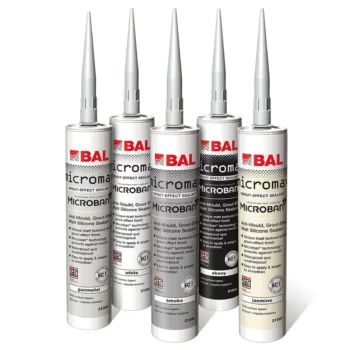 Group shot of five grout-effect silicone tubes, showing gunmetal, white, smoke, ebony and jasmine colours